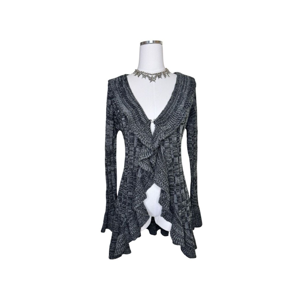 Y2K Brittany Black Gray Ruffled Open-Front Fairy Knit Cardigan Size Large